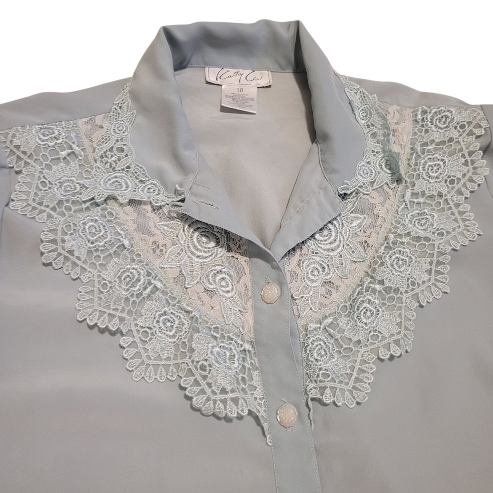 Kathy Che Vintage Short Sleeve Button Up Shirt With Crochet Lace Size 18